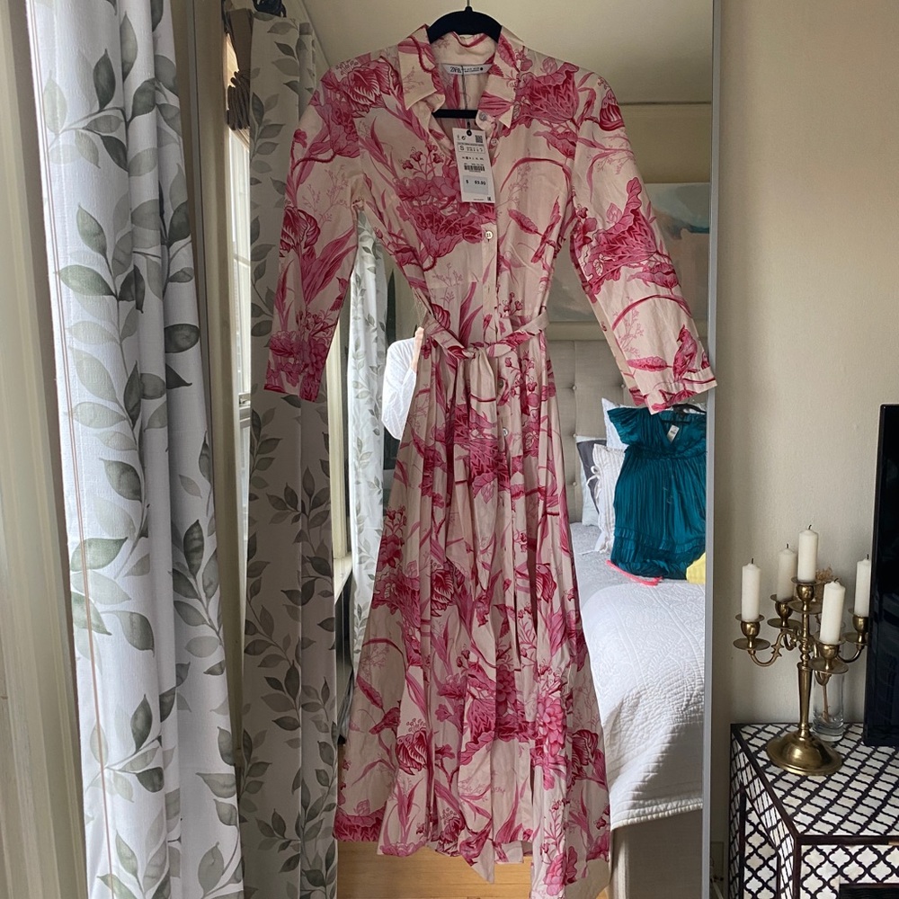 NWT Zara pink floral button up dress